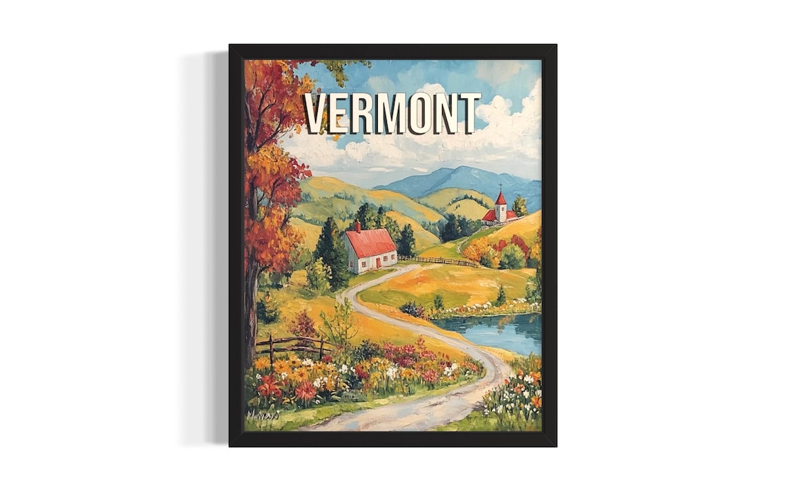 Vermont Summer Farm Rolling Hills Church Vintage Travel Poster Art