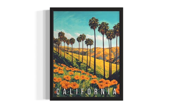 California Palm Trees Golden Hills Blossom Vintage Travel Poster