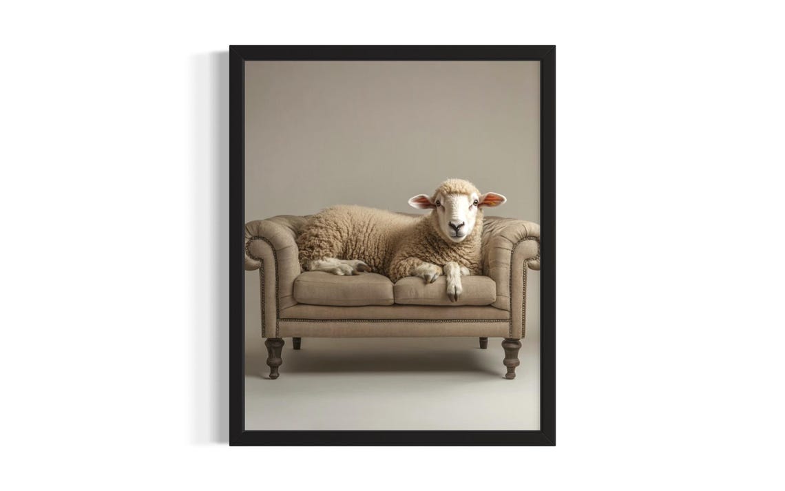 Fluffy Sheep Lounging on Beige Sofa Cozy Farmhouse Vintage Poster