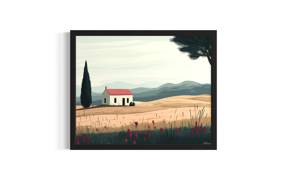 White Farmhouse Red Roof Poppy Field Cypress Tree Art Poster