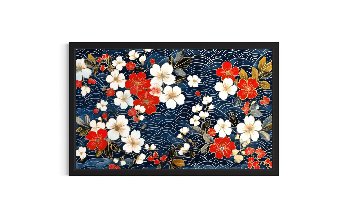 Red and White Floral Blossoms With Ocean Waves Japanese Art Poster