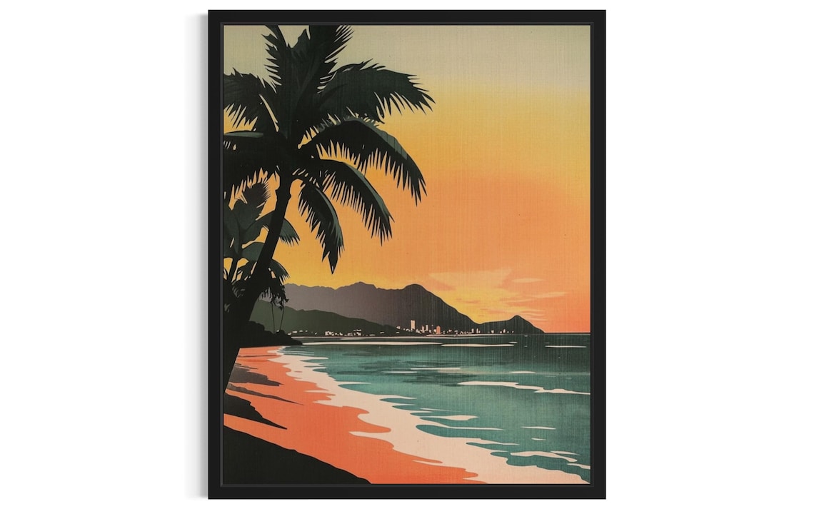 Palm Silhouette Ocean Sunset Mountain Bay Vintage Travel Poster