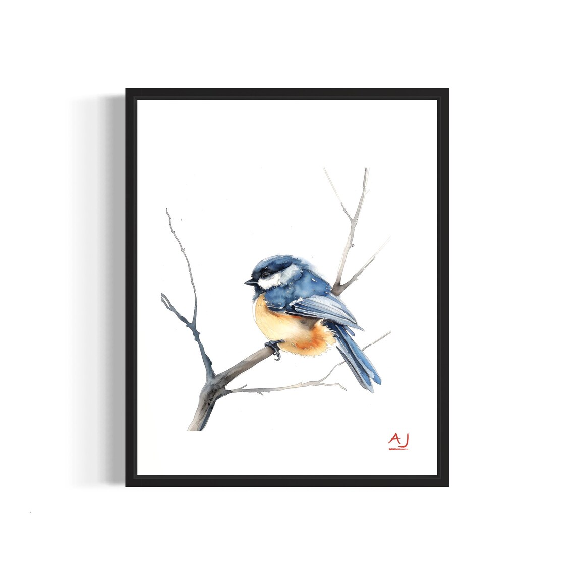 Black-Capped Chickadee on a Bare Branch Watercolor Painting Poster