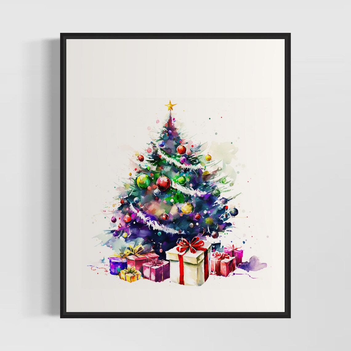 Decorated Christmas Tree with Wrapped Gifts Watercolor Holiday Poster