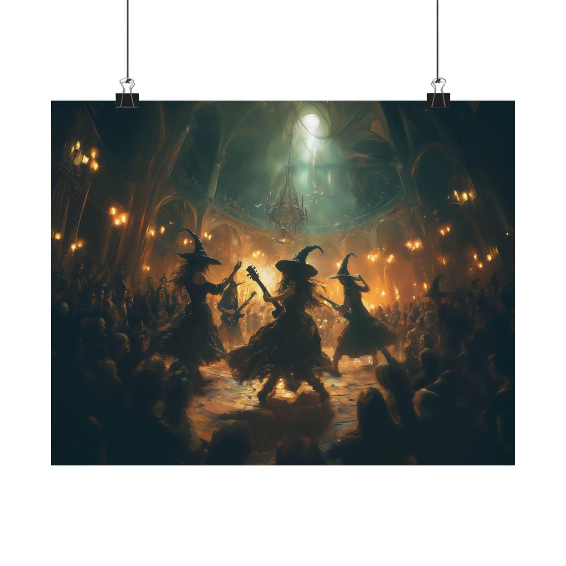 Three Witches Performing in Grand Candlelit Hall Concert Poster