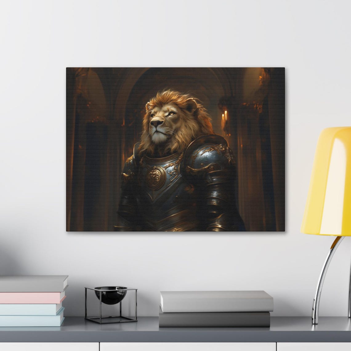 Male Lion Knight In Ornate Armor Dark Candlelit Hall Portrait Poster - Image 2