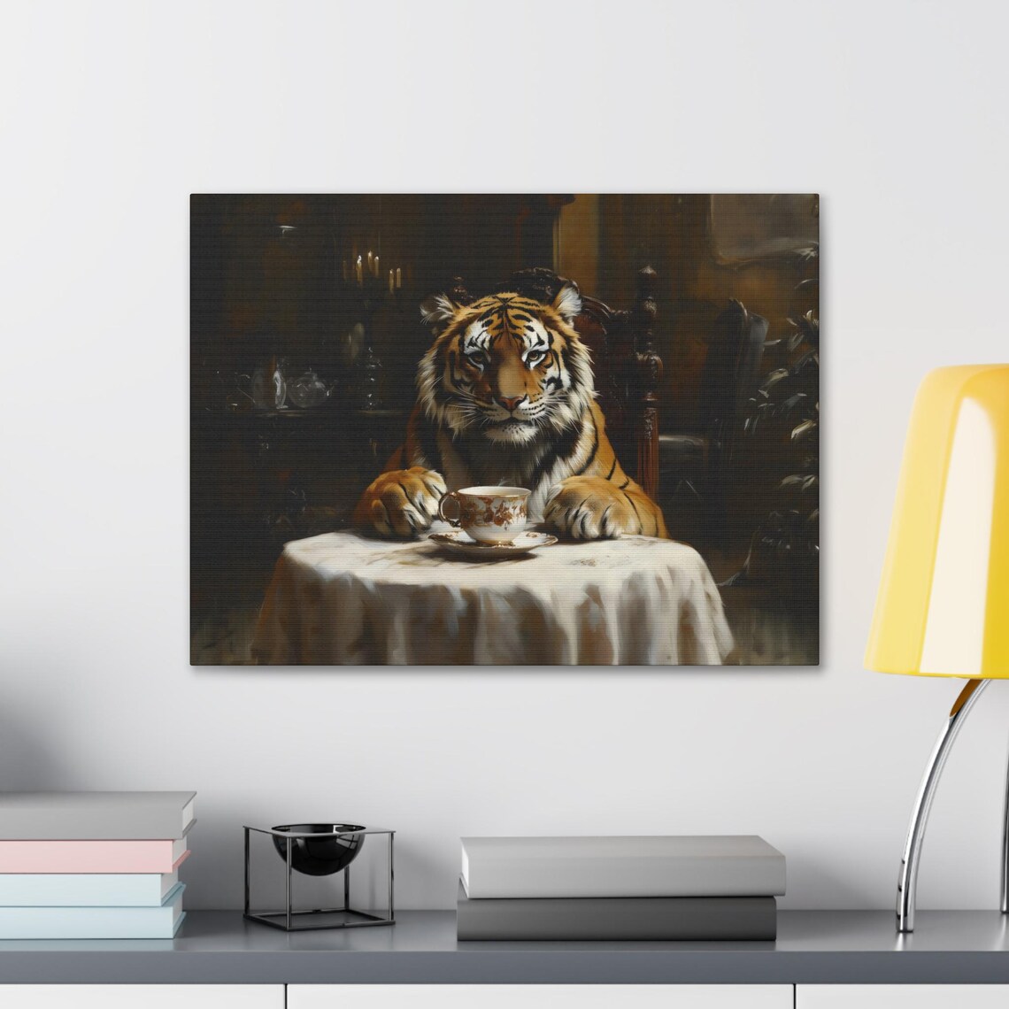 Tiger Tea Time Dark Victorian Table Oil Painting Animal Art Poster - Image 2