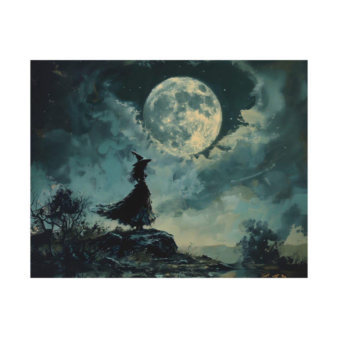 Witch Silhouette Standing Before A Huge Moon Stormy Night Poster - Image 3
