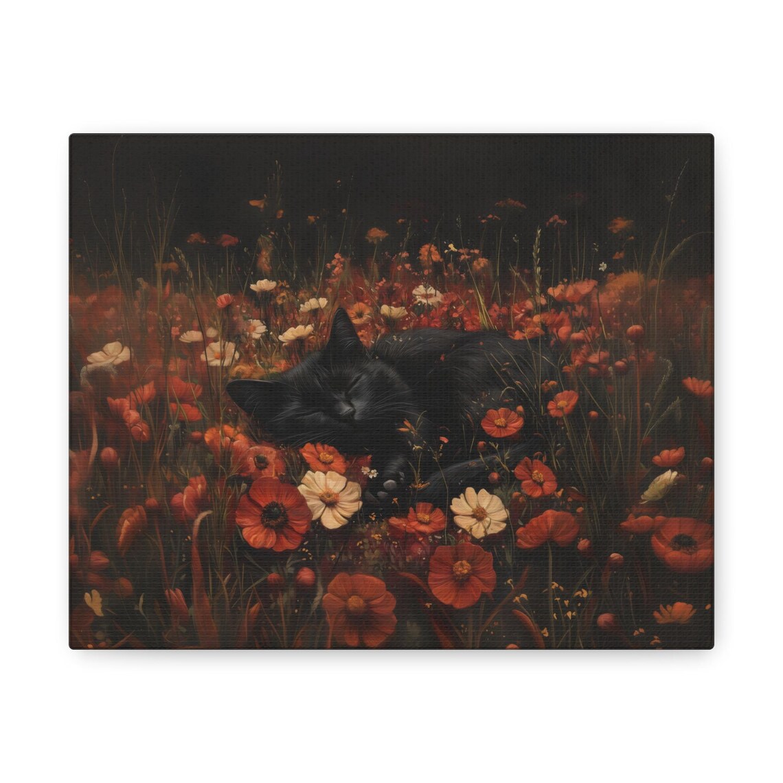 Black Cat Sleeping in Red Autumn Flowers Cozy Dark Floral Halloween Wall Art - Image 2