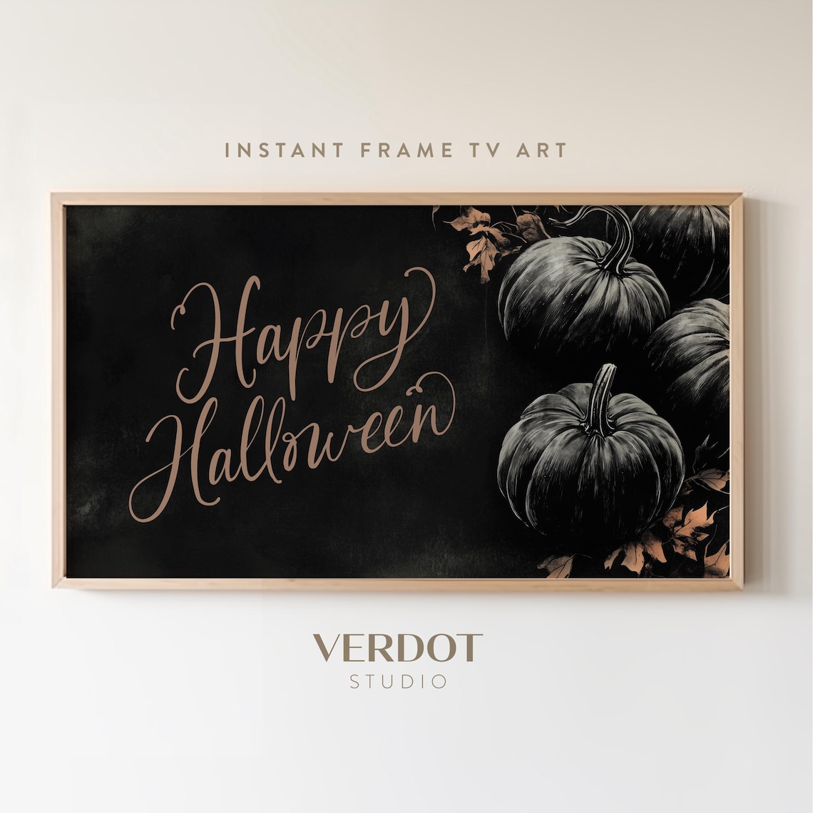 Happy Halloween Black Pumpkins Copper Leaves Chalkboard Style Art Print