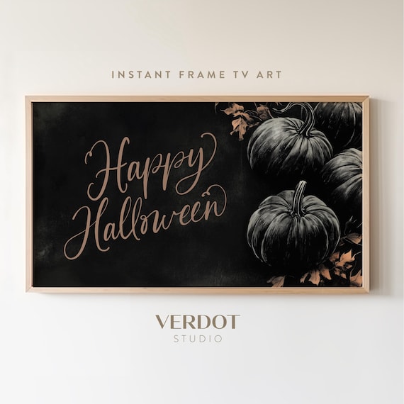 Happy Halloween Black Pumpkins Copper Leaves Chalkboard Style Art Print