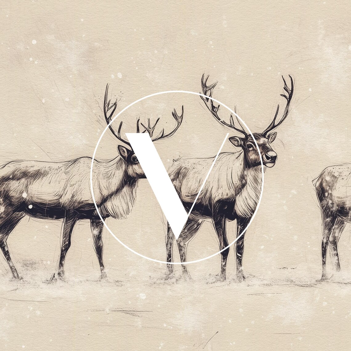 Christmas Reindeer Neutral Sketch Art Print, Vintage Winter - Image 3