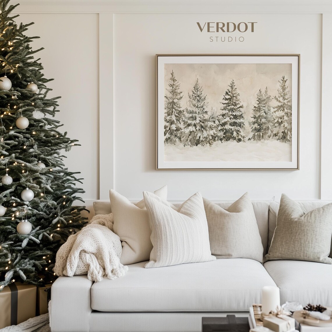 Neutral Winter Christmas Landscape Art Print - Image 2