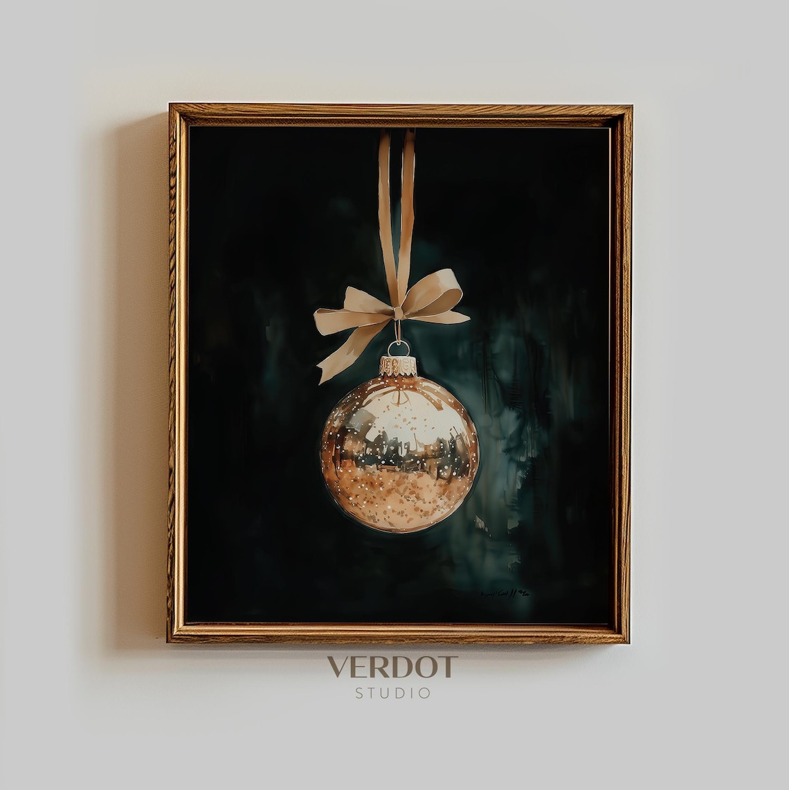 Gold Christmas Ornament Poster, Dark Moody Green Holiday Decor