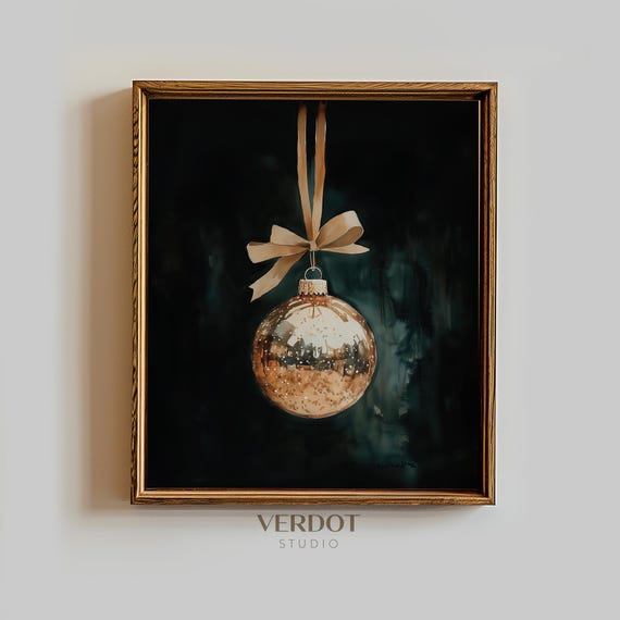 Gold Christmas Ornament Poster, Dark Moody Green Holiday Decor