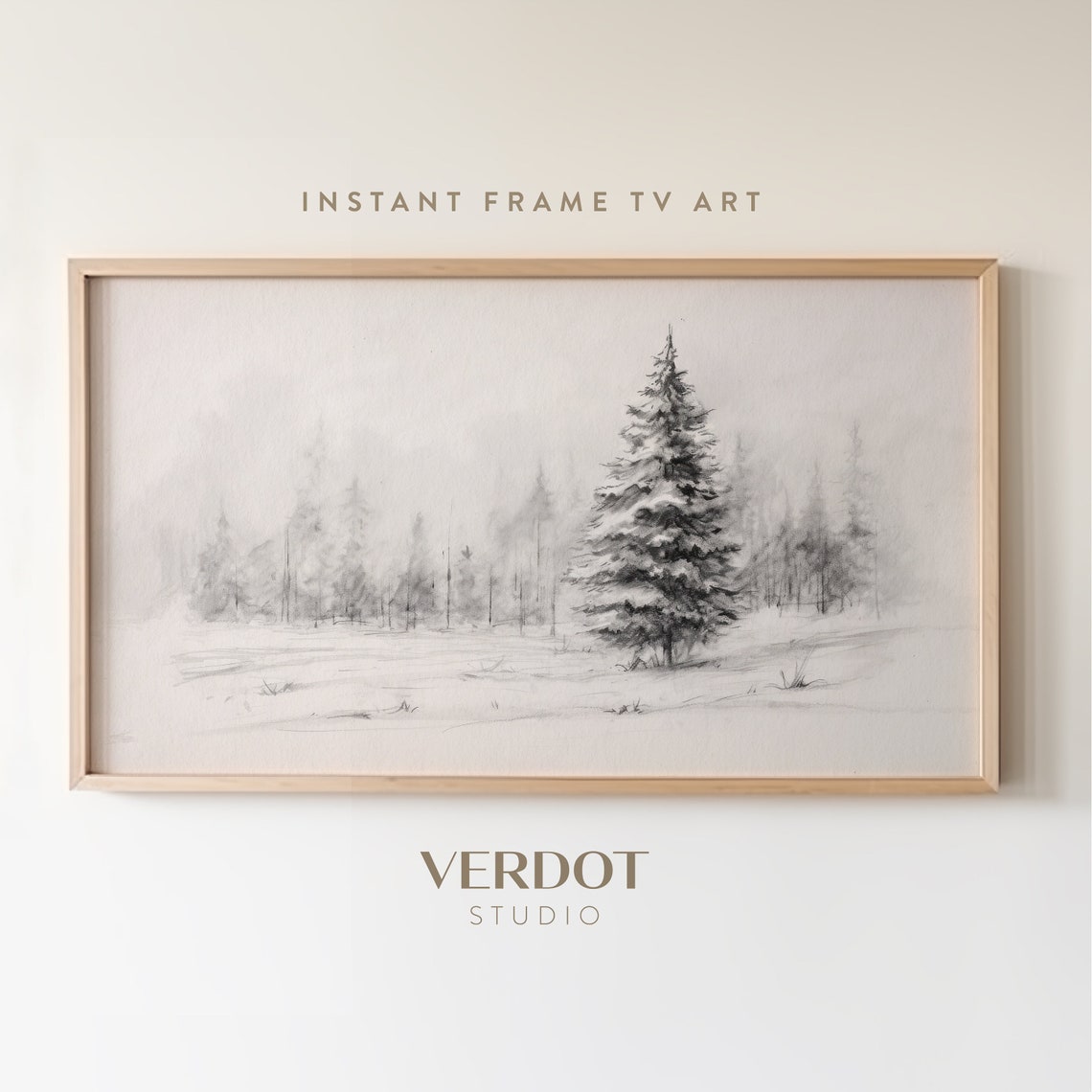 Neutral Winter Tree Sketch Snowy Pine Forest Pencil Drawing Art Print