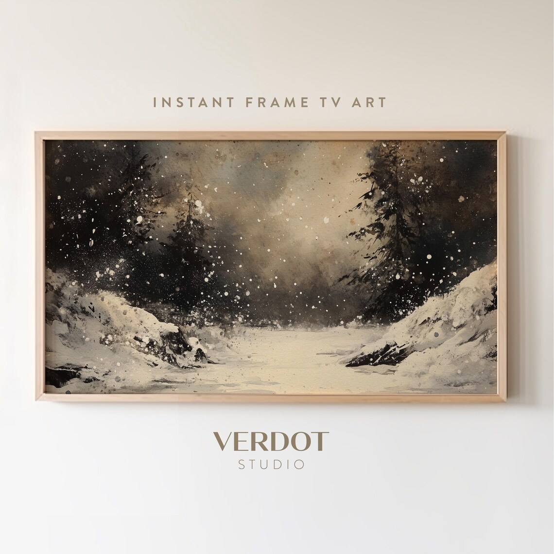 Neutral Winter Christmas Night Snowy Tree Art Print