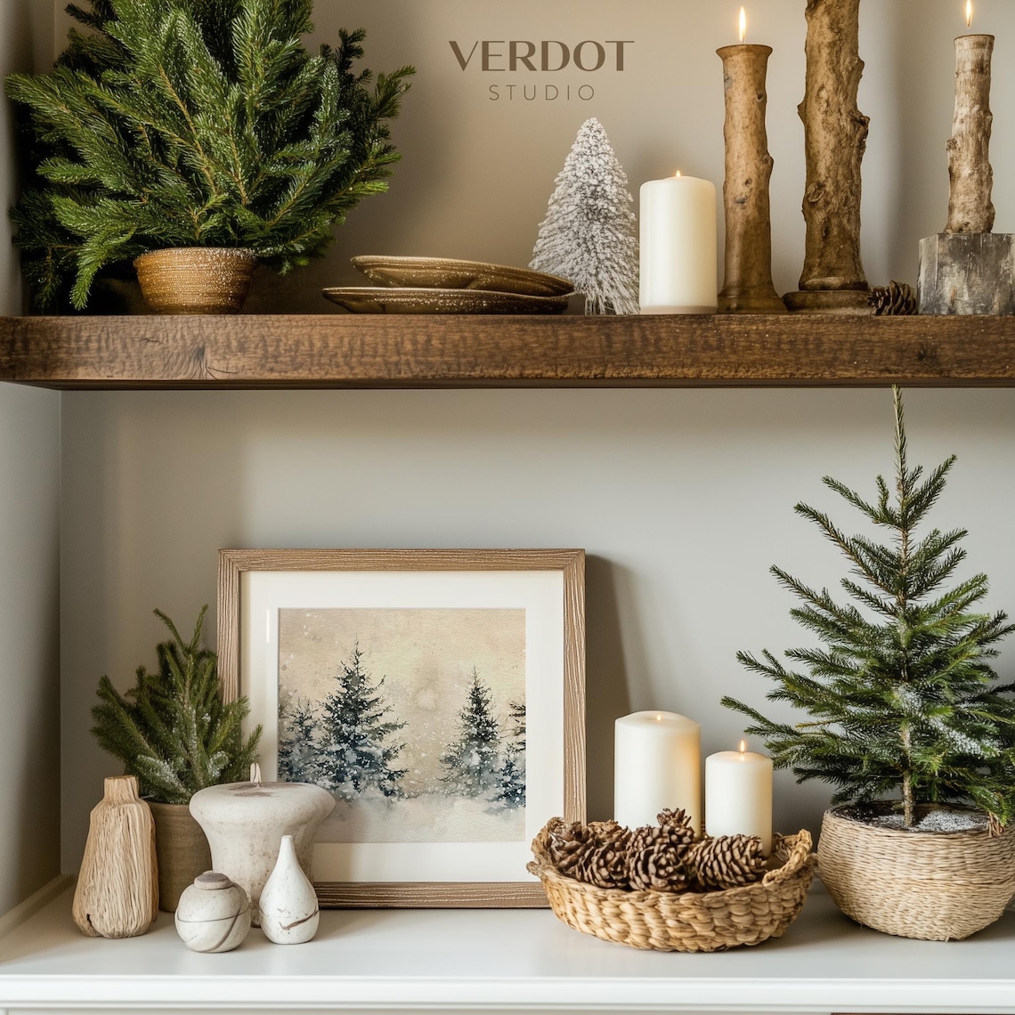 Winter Christmas Trees Landscape, Neutral Holiday Art Print - Image 3