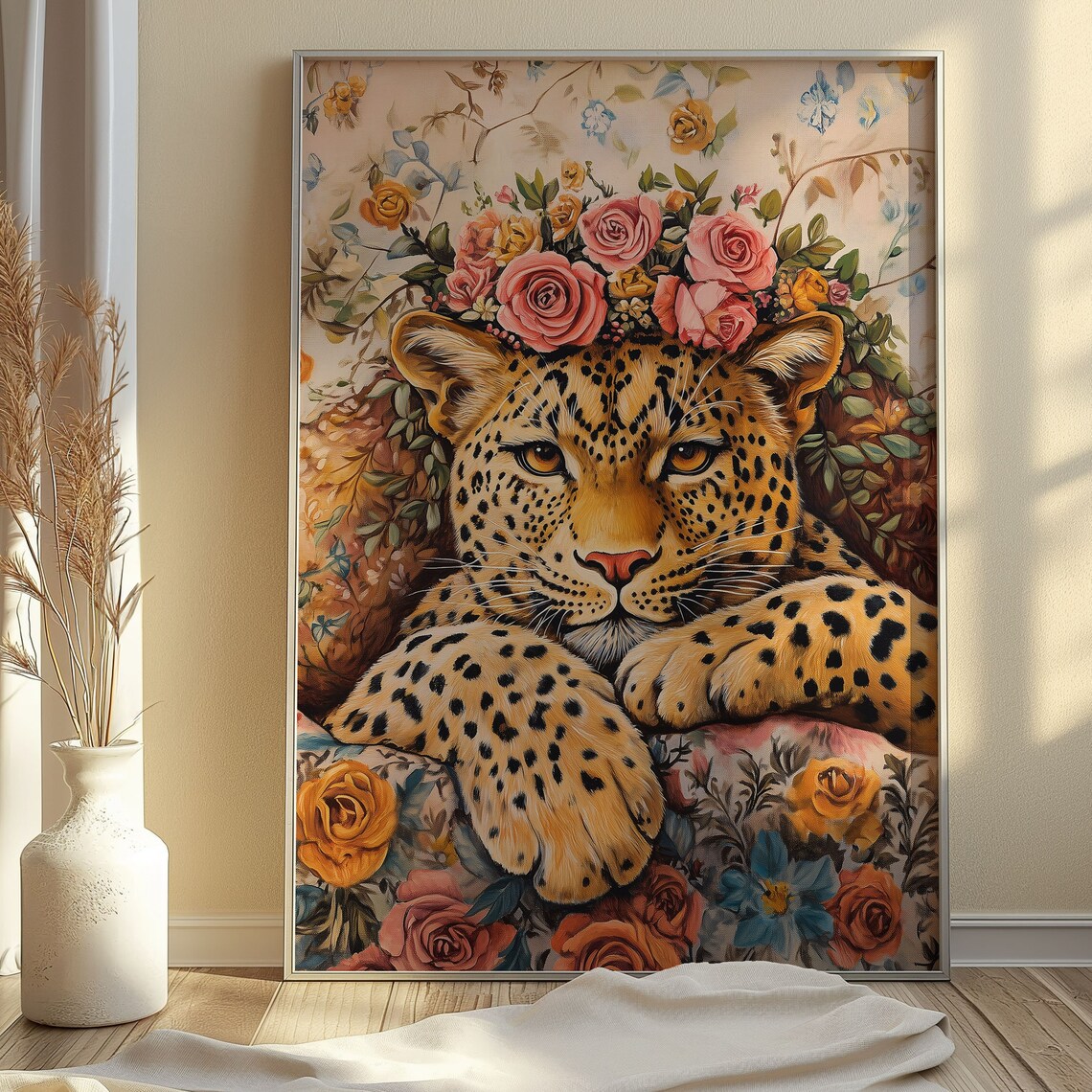 Boho Leopard With Pink Rose Crown Rustic Vintage Floral Art Poster
