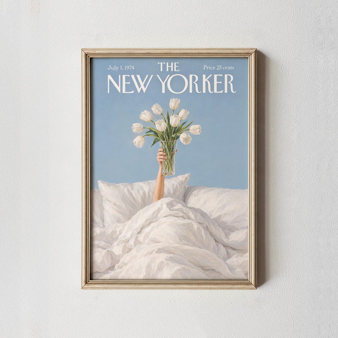 New York Wall Art White Tulips In Bed Print Blue Floral Magazine Cover Poster Cozy Bedroom Decor