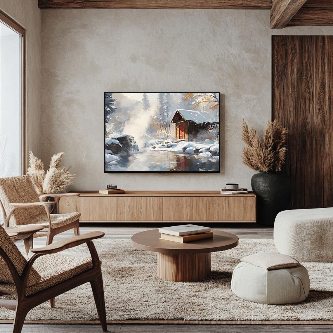 Snowy Riverside Cabin with a Red Door Japanese Winter Art Poster - Image 4