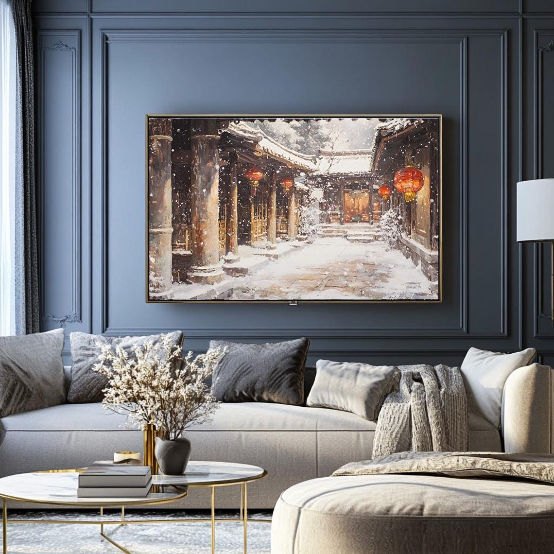 Temple Courtyard with Glowing Red Lanterns in Falling Snow Poster - Image 2