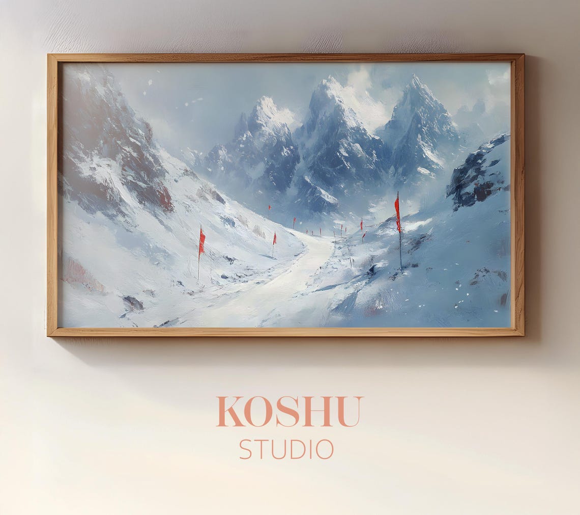 Snowy Mountain Pass with Red Trail Flags and Jagged Peaks Poster