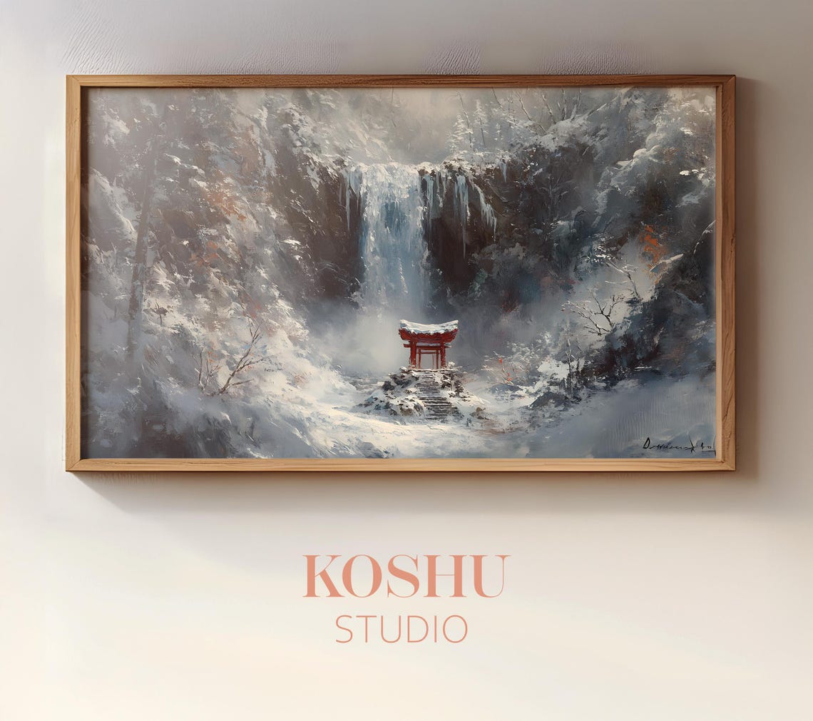Frozen Waterfall and Red Torii Gate in Snowy Forest Winter Poster