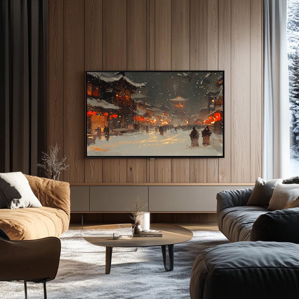 Snowy Night Street with Glowing Red Lanterns Japanese Art Poster - Image 3