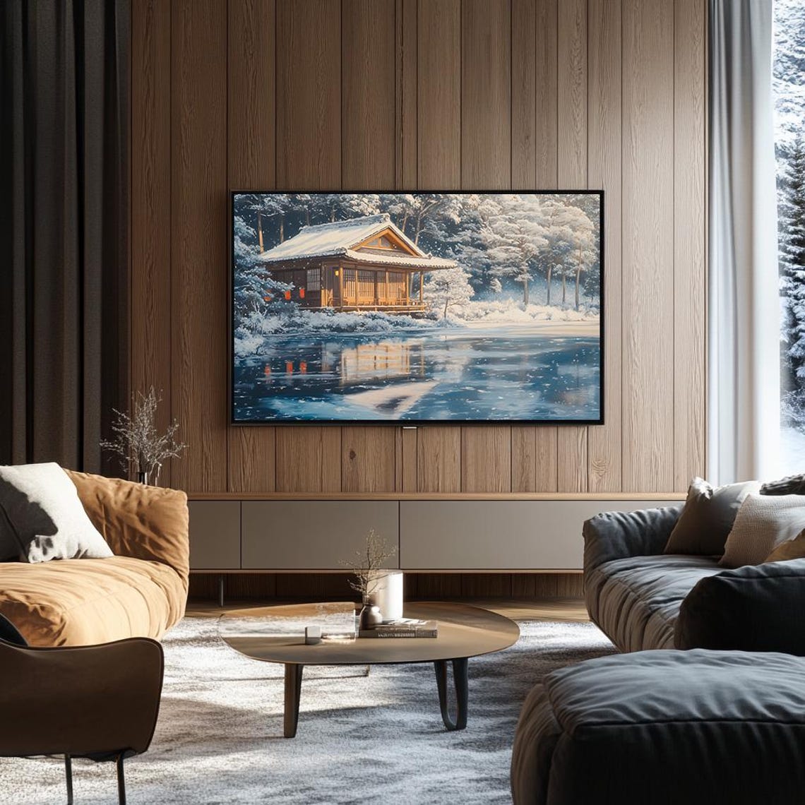 Snowy Tea House Beside an Icy Lake with Reflections Winter Poster - Image 3
