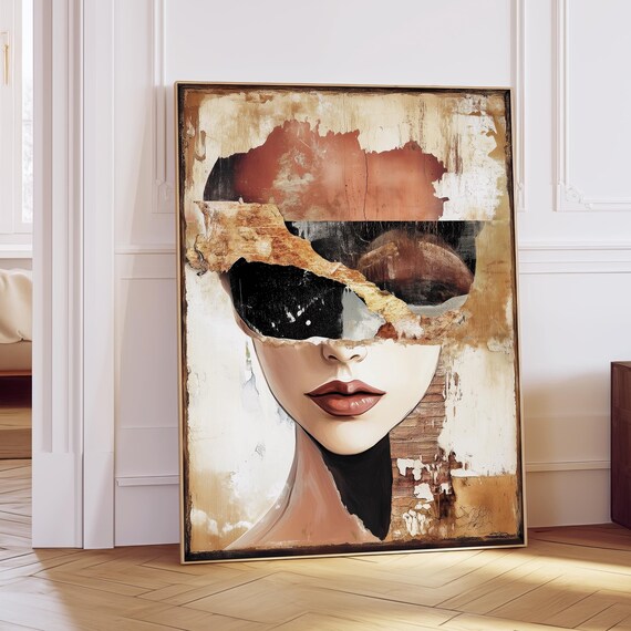 Torn Paper Female Face Abstract Collage Rustic Brown Modern Art Print Poster
