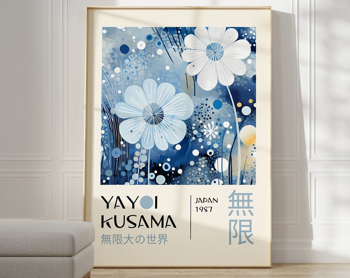 Yayoi Kusama Blue Floral Japan 1987 Dotted Art Exhibition Poster