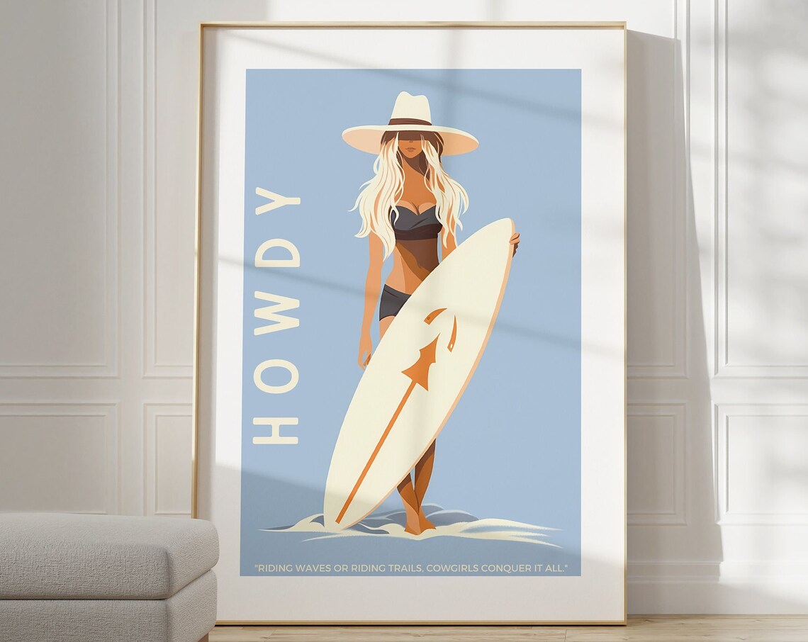Howdy Coastal Cowgirl Surfer Girl Beach Quote Western Poster