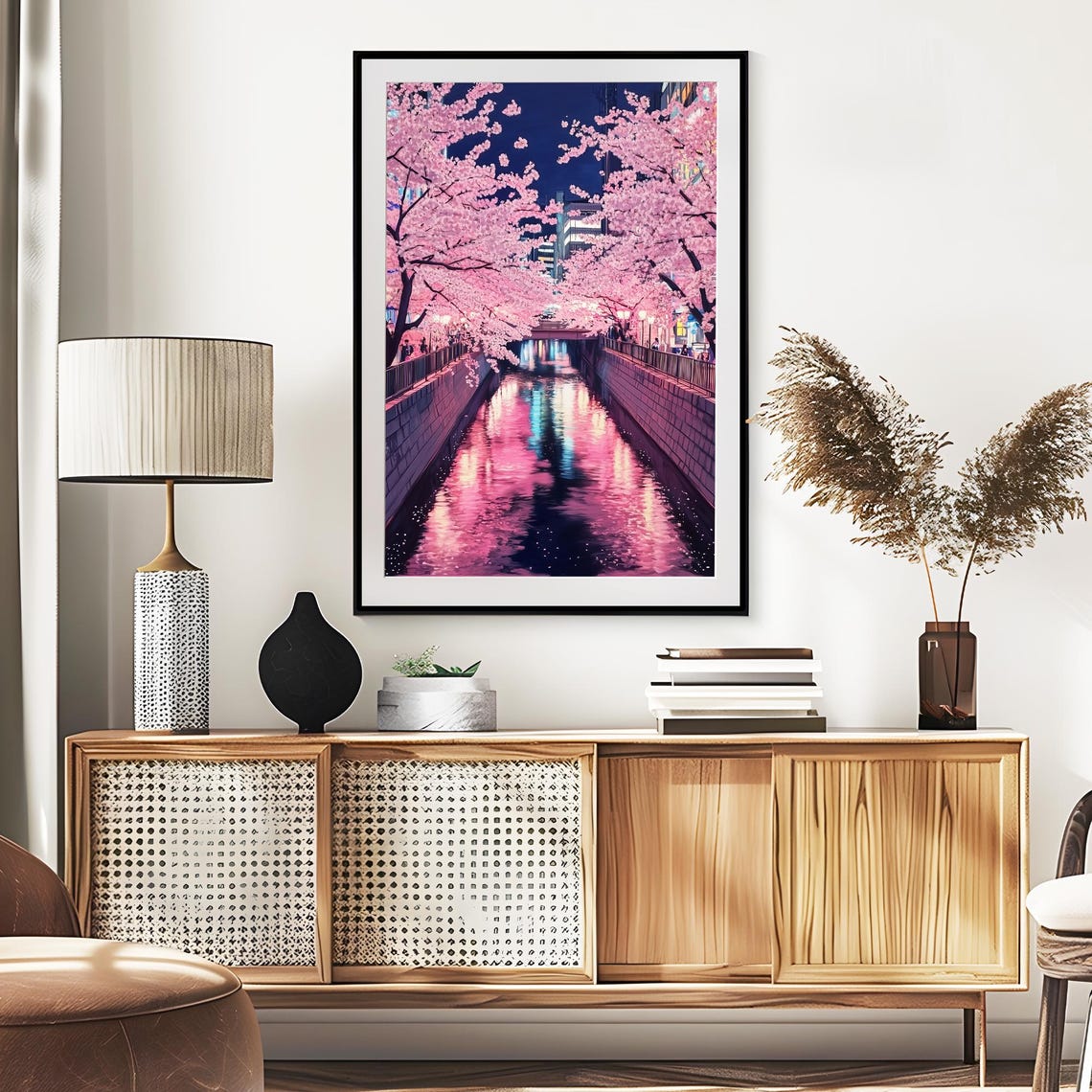 Cherry Blossom Canal Night Pink Reflections Japan City Poster - Image 2