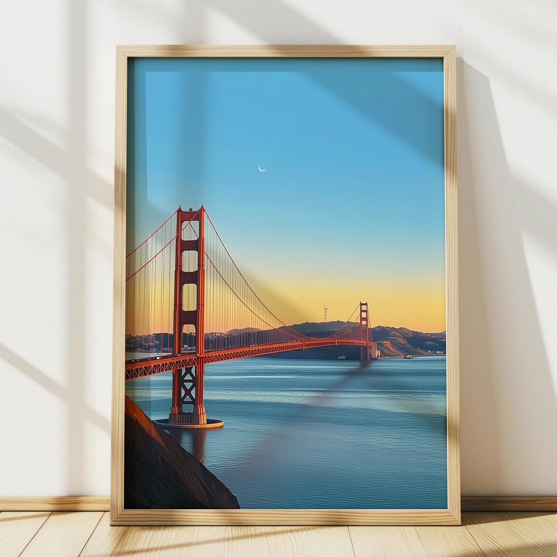 Golden Gate Bridge Sunset Crescent Moon Over Bay Travel Poster