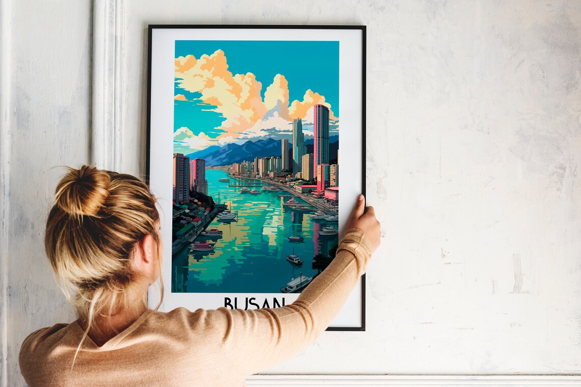 Busan South Korea Harbor Boats Mountain View Vintage Travel Poster - Image 2