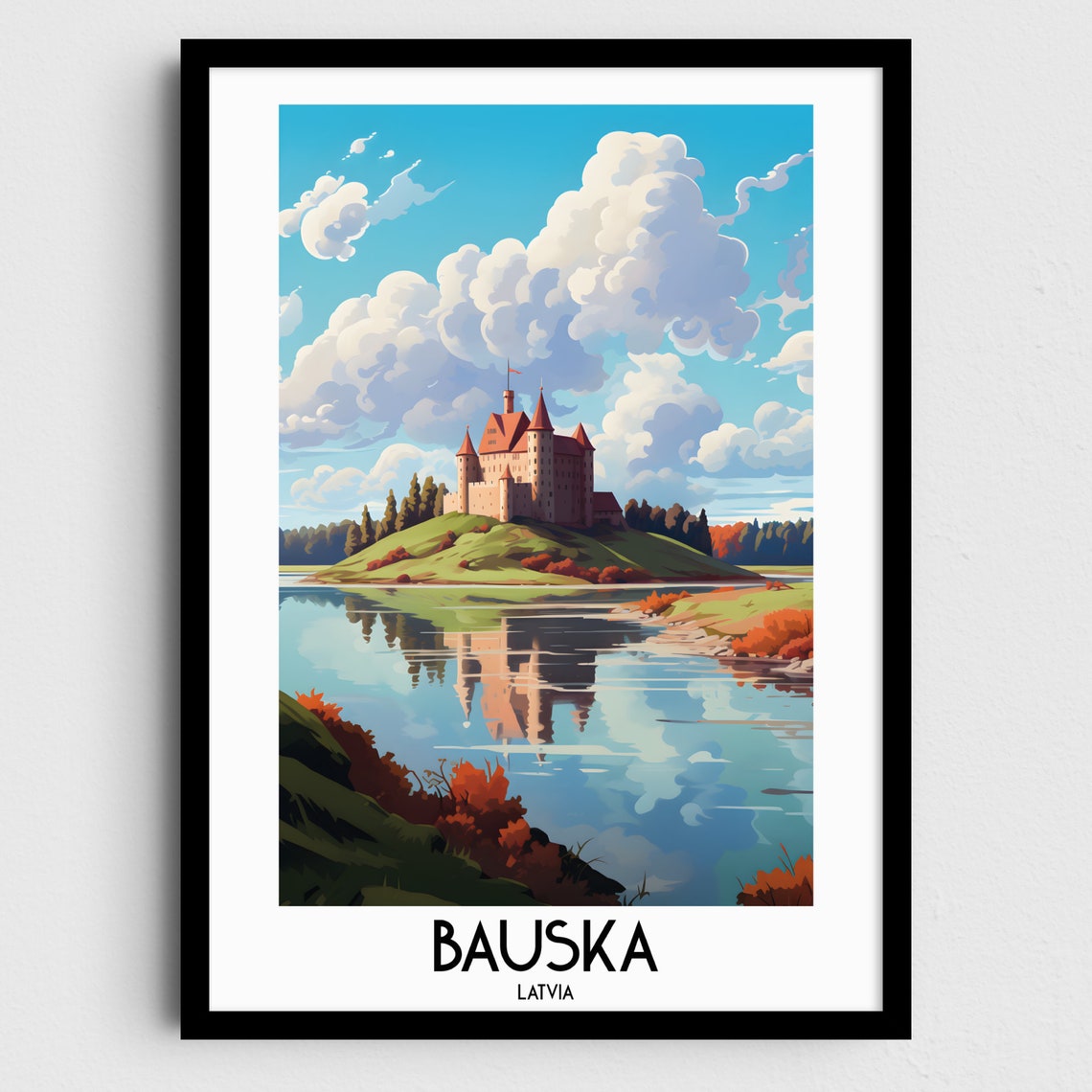 Bauska Latvia Red Roof Castle Lakeside Reflection Travel Poster