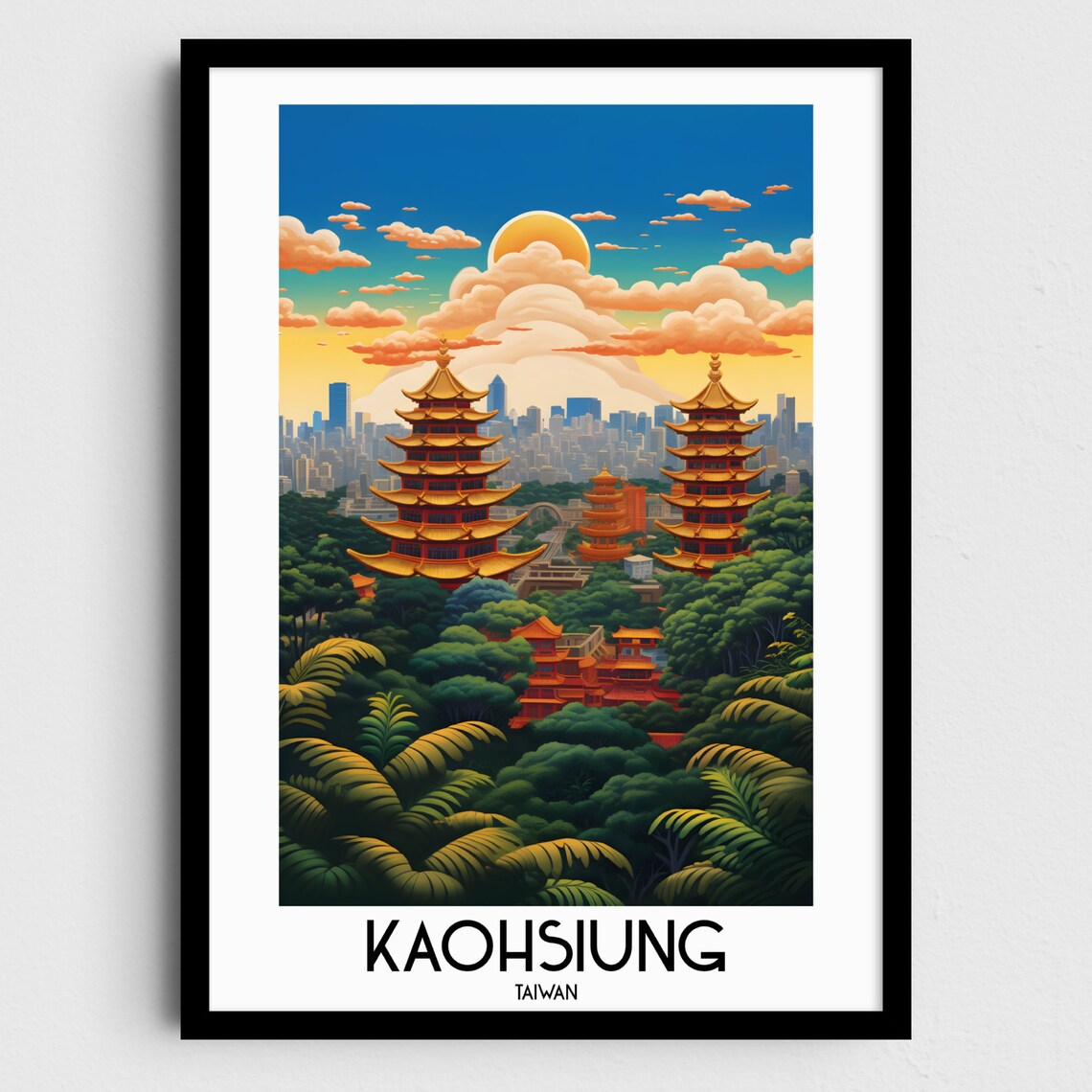 Kaohsiung Taiwan Golden Pagodas Sunset Temple Sunset Travel Poster