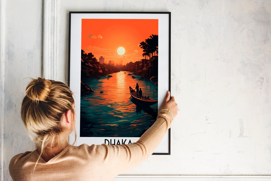 Dhaka Bangladesh River Sunset Boat Silhouette Orange Sky Travel Poster - Image 2