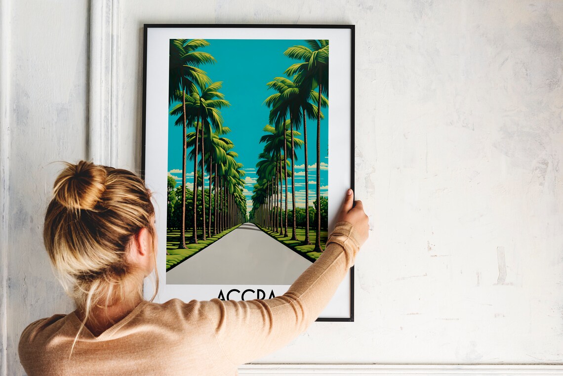 Accra Sunny Royal Palm Lined Avenue Vintage Ghana Travel Art Poster - Image 2