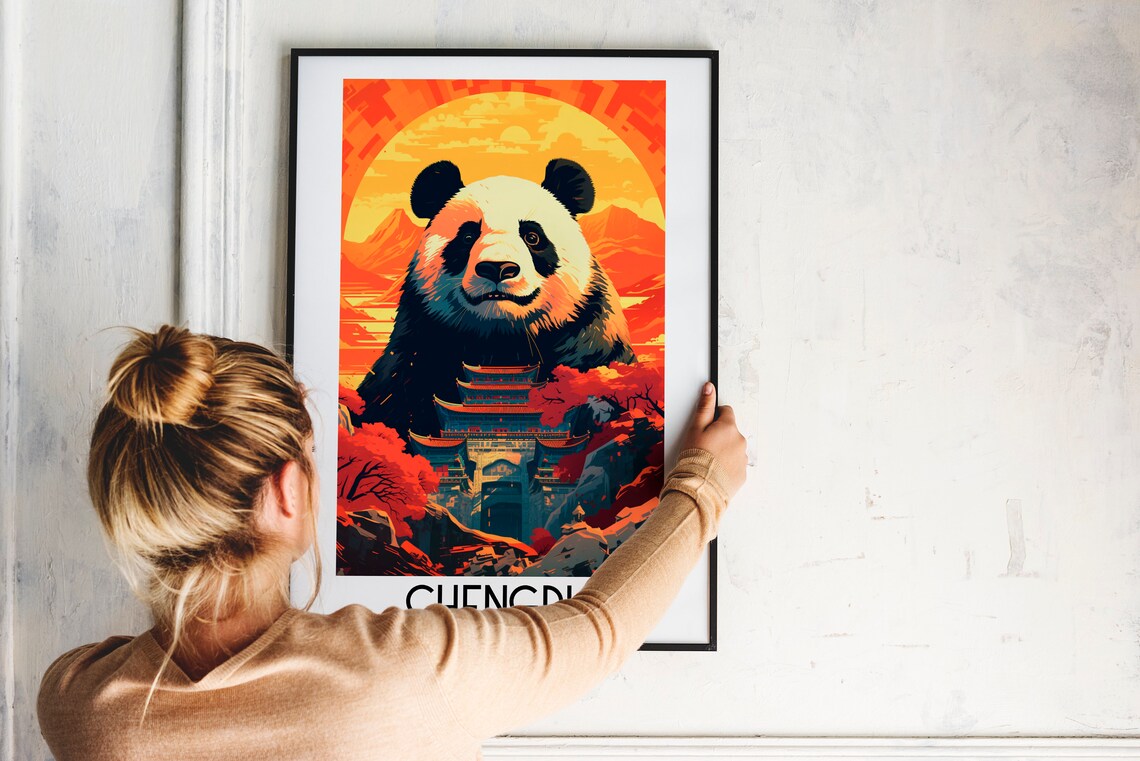 Chengdu China Giant Panda Pagoda Sunset Wildlife Travel Poster - Image 2