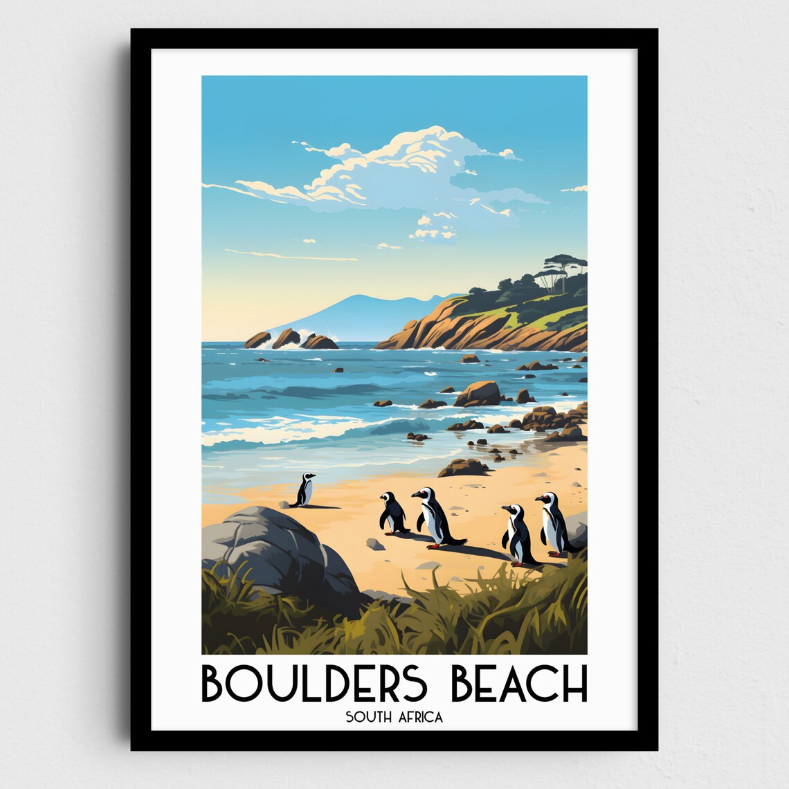 Boulders Beach South Africa African Penguins Ocean Shore Travel Poster