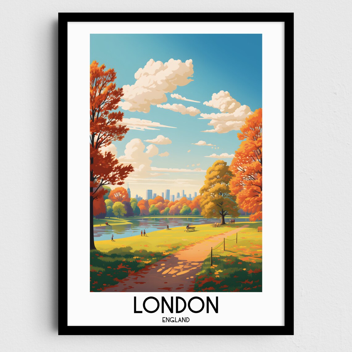 London England Autumn Park Path City Skyline Golden Fall Travel Poster