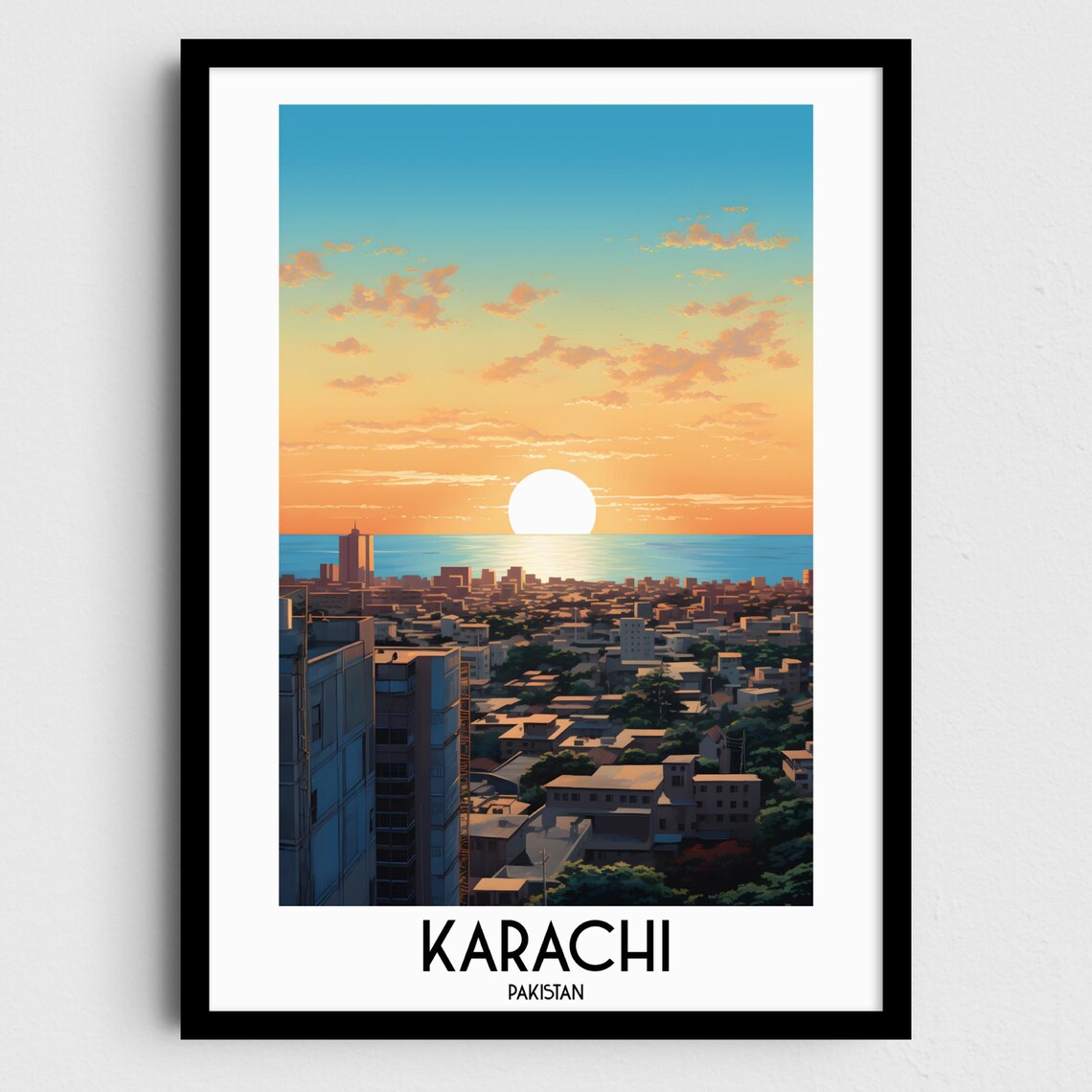 Karachi Pakistan Arabian Sea Sunset Skyline City Travel Poster
