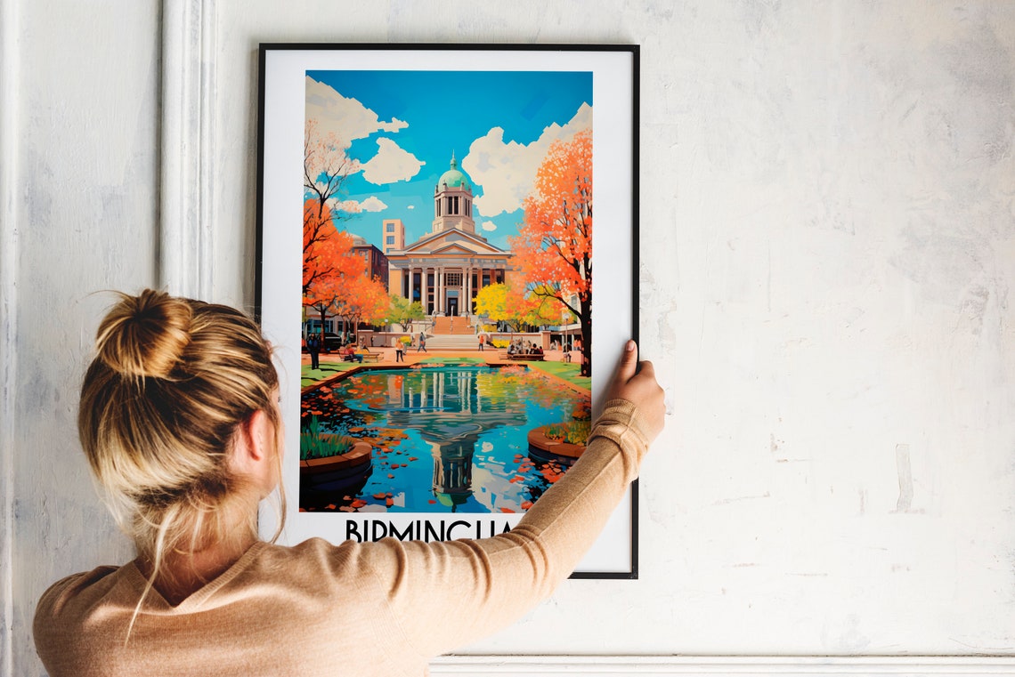 Birmingham England Historic Building Autumn Pond Reflection Poster - Image 2