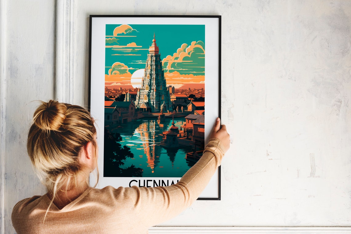 Chennai India Temple Tower Sunset Water Reflection Travel Poster - Image 2
