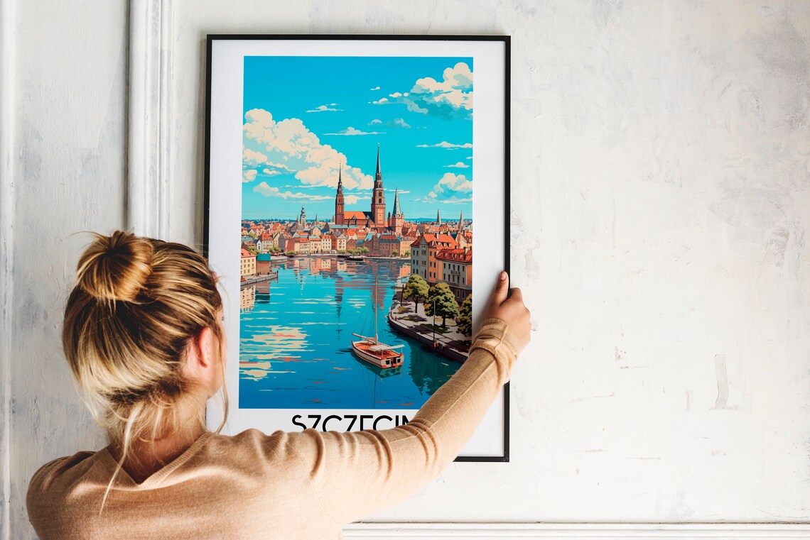 Szczecin River Harbor Sailboat Old Town Towers Poland Travel Poster - Image 2