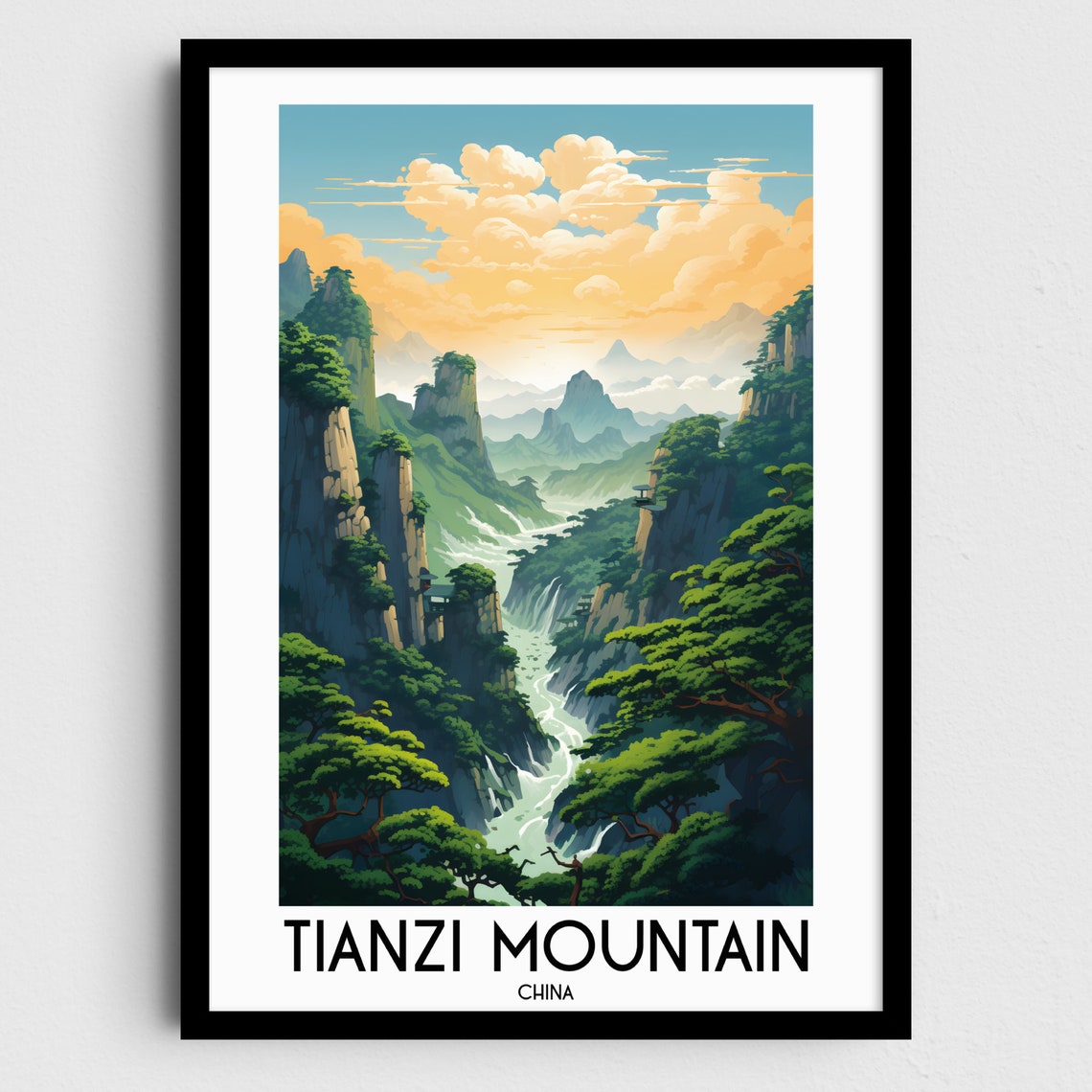Tianzi Mountain China Misty Peaks Valley River Nature Travel Poster