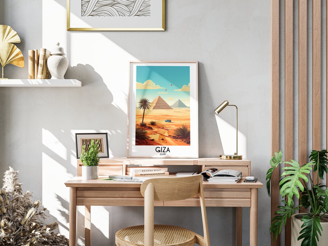 Giza Egypt Pyramids with Palm Tree and Desert Road Travel Poster - Image 3