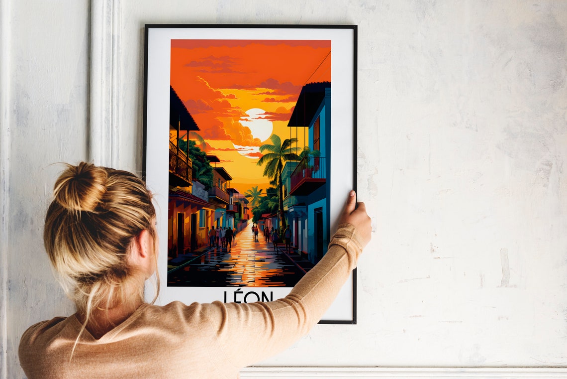 Leon Sunset Colonial Street Palm Trees Nicaragua Travel Poster - Image 2